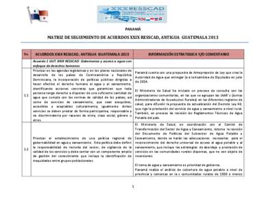 PANAMÁ  MATRIZ DE SEGUIMIENTO DE ACUERDOS XXIX RESSCAD, ANTIGUA GUATEMALA 2013 No.