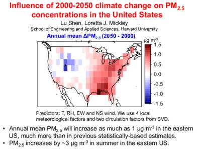 Influence ofclimate change on PM2.5 concentrations in the United States Lu Shen, Loretta J. Mickley School of Engineering and Applied Sciences, Harvard University  Annual mean