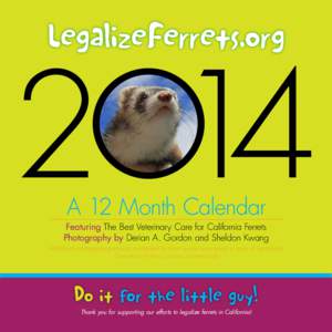 A 12 Month Calendar  Featuring The Best Veterinary Care for California Ferrets Photography by Derian A. Gordon and Sheldon Kwang Additional photographs graciously contributed by ferret owners everywhere in favor of legal