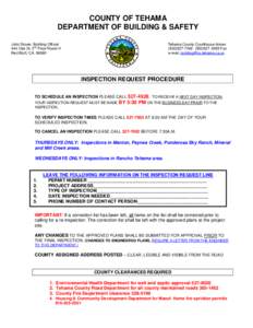 COUNTY OF TEHAMA DEPARTMENT OF BUILDING & SAFETY John Stover, Building Official nd 444 Oak St. 2 Floor Room H Red Bluff, CA[removed]