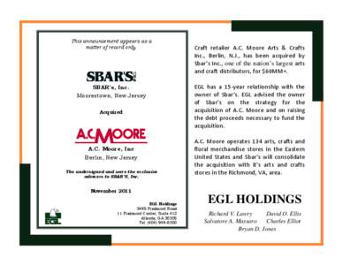 This announcement appears as a matter of record only. SBAR’s, Inc. Moorestown, New Jersey Acquired