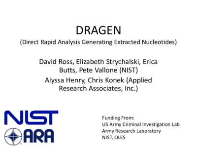 DRAGEN (Direct Rapid Analysis Generating Extracted Nucleotides) David Ross, Elizabeth Strychalski, Erica Butts, Pete Vallone (NIST) Alyssa Henry, Chris Konek (Applied