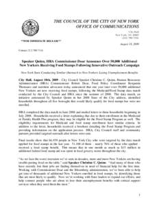 THE COUNCIL OF THE CITY OF NEW YORK OFFICE OF COMMUNICATIONS City Hall New York, NY[removed]7116 **FOR IMMEDIATE RELEASE**
