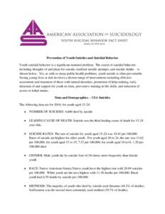 Prevention of Youth Suicides and Suicidal Behavior Youth suicidal behavior is a significant national problem. The extent of suicidal behavior – including thoughts of and plans for suicide, nonfatal suicide attempts, an