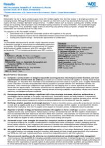 Results WEC Roundtable, Hosted by F. Hoffmann-La Roche October 28-29, 2014, Basel, Switzerland: “TRANSFORMATIONAL COLLABORATION IN SUSTAINABLE SUPPLY CHAIN MANAGEMENT” WHAT: Globalization has led to highly complex su