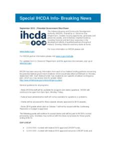 Special IHCDA Info- Breaking News September 2013 | Potential Government Shut Down The Indiana Housing and Community Development Authority (IHCDA), chaired by Lt. Governor Sue Ellspermann, creates housing opportunity, gen