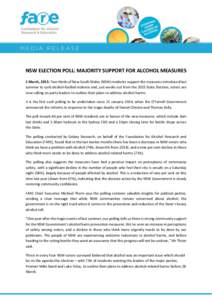 NSW ELECTION POLL: MAJORITY SUPPORT FOR ALCOHOL MEASURES 1 March, 2015: Two thirds of New South Wales (NSW) residents support the measures introduced last summer to curb alcohol-fuelled violence and, just weeks out from 