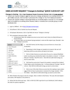 USER ACCOUNT REQUEST “Changes to Existing” QUICK CLICKS HIT LIST Changes to Existing - (For a User/Employee/Vendor/Contractor/Partner who is in same position)  Current user requires change to add new account or ch