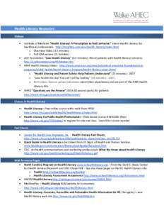 Health Literacy Resources Videos Institute of Medicine “Health Literacy: A Prescription to End Confusion” about Health Literacy for healthcare professionals http://hospitals.unm.edu/health_literacy/index.html o Overv
