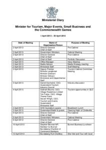 Ministerial Diary Minister for Tourism, Major Events, Small Business and the Commonwealth Games 1 April 2013 – 30 April[removed]Date of Meeting