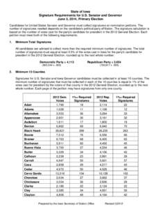 State of Iowa Signature Requirements for U.S. Senator and Governor June 3, 2014, Primary Election Candidates for United States Senator and Governor must collect signatures on nomination petitions. The number of signature