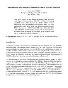 Experimenting with High­Speed Wireless Networking in the 420 MHz Band David Bern, W2LNX Montgomery College, Rockville, Maryland