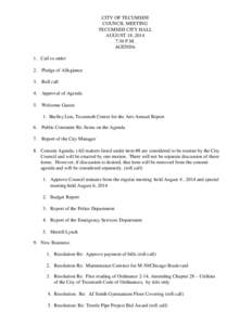 CITY OF TECUMSEH COUNCIL MEETING TECUMSEH CITY HALL AUGUST 18, 2014 7:30 P.M. AGENDA