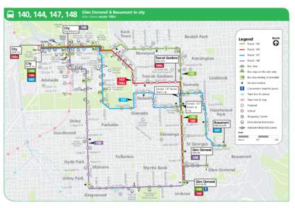140, 144, 147, 148 Adelaide Oval Glen Osmond & Beaumont to city Also shows route 144G
