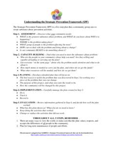 Understanding the Strategic Prevention Framework (SPF) The Strategic Prevention Framework (SPF) is a five-step plan that a community group uses to create substance abuse prevention activities. Step 1. ASSESSMENT – Disc