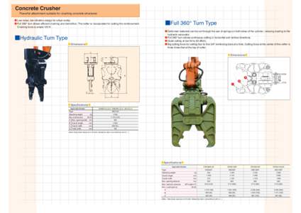 Concrete Crusher Powerful attachment suitable for crushing concrete structures ● Low-noise, low-vibration design for urban works. ● Full 360° turn allows efficient crushing and demolition. The cutter is incorporated