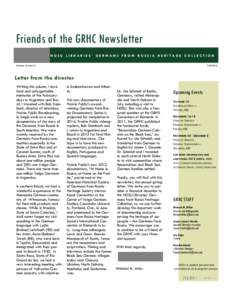 Friends of the GRHC Newsletter NDSU LIBRARIES’ GERMANS FROM RUSSIA HERITAGE COLLECTION Fall 2012 Volume 4, Issue 2