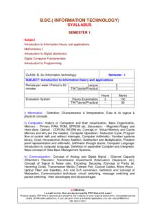 B.SC.( INFORMATION TECHNOLOGY) SYALLABUS SEMESTER 1 Subject Introduction to Information theory and applications Mathematics I