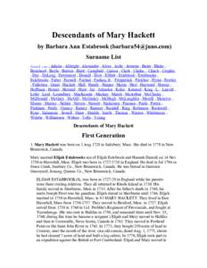 Descendants of Mary Hackett by Barbara Ann Estabrook ([removed]) Surname List <----> , --- , Adams , Albright , Alexander , Alves , Astle , Atwater , Bates , Blake , Bouchard , Boyle , Burton , Burtt , Campbell 