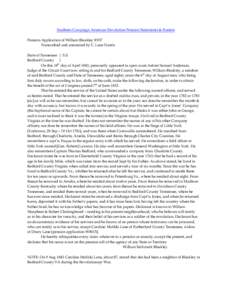 Southern Campaign American Revolution Pension Statements & Rosters Pension Application of William Bleakley R937 Transcribed and annotated by C. Leon Harris State of Tennessee } S.S. Bedford County }