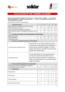 EVALUATION OF THE TRAINING ACADEMY Please scale the following aspects of the event on a 1-5 basis, where 1 signifies – “no, completely not/very dissatisfied” 2 – “no/somewhat dissatisfied”, 3 - “neutral”,