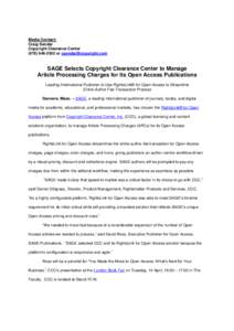 Media Contact: Craig Sender Copyright Clearance Centeror   SAGE Selects Copyright Clearance Center to Manage