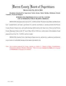 Warren County Board of Supervisors RESOLUTION NO. 213 OF 2014 Resolution introduced by Supervisors Taylor, Kenny, Sokol, Merlino, Dickinson, Girard, Vanselow, Wood and Simpson INTRODUCING PROPOSED LOCAL LAW NO. 3 OF 2014