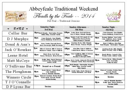 Abbeyfeale Traditional Weekend  Fleadh by the Feale[removed]Pub Trail -- Traditional Sessions  6
