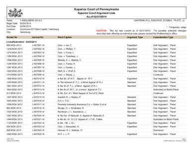 Superior Court of Pennsylvania Superior Court Argument Lists As of[removed]Panel: Begin Date: End Date: