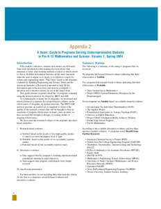 Appendix 2 A Users’ Guide to Programs Serving Underrepresented Students in Pre-K-12 Mathematics and Science, Volume 1, Spring 2004 Introduction  Summary Ratings