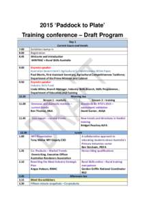 2015 ‘Paddock to Plate’ Training conference – Draft Program Day 1 Current Issues and trends  7.00