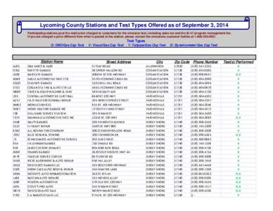 Lycoming County Stations and Test Types Offered as of September 3, 2014 Participating stations post the retail price charged to customers for the emission test, including sales tax and the $1.47 program management fee. I