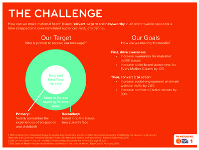 THE CHALLENGE How can we make maternal health issues relevant, urgent and newsworthy in an overcrowded space for a time-strapped and over-stimulated audience? First, let’s define... Our Target