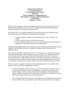 Statement for the Record U.S. Geological Survey U.S. Department of the Interior before the House Committee on Natural Resources Subcommittee on Energy and Mineral Resources