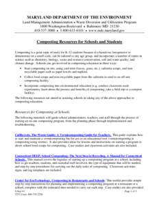 MARYLAND DEPARTMENT OF THE ENVIRONMENT  Land Management Administration Waste Diversion and Utilization Program 1800 Washington Boulevard  Baltimore MD3000    www.mde.maryland.g