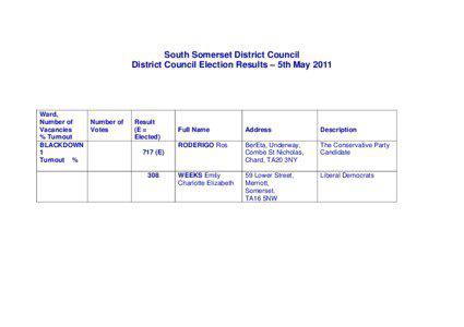 South Somerset District Council District Council Election Results – 5th May 2011