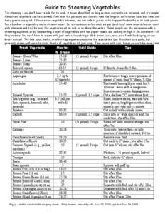 Guide to Steaming Vegetables Try steaming – you don’t have to add fat to cook, it takes about half as long so more nutrients are retained, and it’s simple! Almost any vegetable can be steamed; firm ones like potato