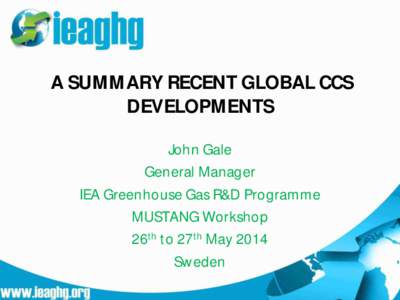 A SUMMARY RECENT GLOBAL CCS DEVELOPMENTS John Gale General Manager IEA Greenhouse Gas R&D Programme MUSTANG Workshop