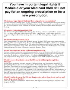 You have important legal rights if Medicaid or your Medicaid HMO will not pay for an ongoing prescription or for a new prescription. What	
  are	
  my	
  legal	
  rights	
  if	
  Medicaid	
  does	
  not	
  pay	
