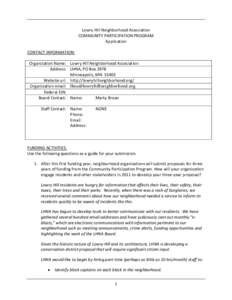 Lowry Hill Neighborhood Association COMMUNITY PARTICIPATION PROGRAM Application CONTACT INFORMATION: Organization Name: Lowry Hill Neighborhood Association Address: LHNA, PO Box 3978