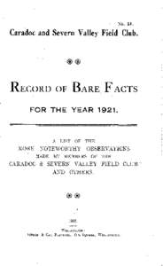 NoCaradoc and Severn Valley Field Club. RECORD OF BARE FACTS FOR THE YEAR 1921.