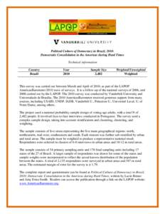 Political Culture of Democracy in Brazil, 2010: Democratic Consolidation in the Americas during Hard Times Technical information Country Brazil