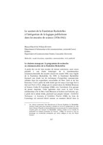 Le soutien de la Fondation Rockefeller à l’intégration de la logique publicitaire dans les musées de scienceManon NIQUETTE, William BUXTON Département d’information et de communication, université L