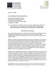 September 19, 2008 FILED VIA FEDERAL E-RULEMAKING PORTAL Chief, Regulatory Management Division U.S. Citizenship and Immigration Services Department of Homeland Security 111 Massachusetts Avenue, NW, Suite 3008