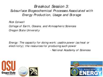 Breakout Session 3:  Subsurface Biogeochemical Processes Associated with Energy Production, Usage and Storage Rick Colwell College of Earth, Oceans, and Atmospheric Sciences