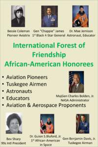 Bessie Coleman Gen “Chappie” James Dr. Mae Jemison st Pioneer Aviatrix 1 Black 4-Star General Astronaut, Educator International Forest of Friendship