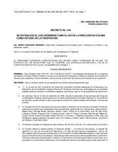 Tomo 96 Colima, Col., Sábado 23 de Julio del año 2011; Núm. 33; pág. 7  DEL GOBIERNO DEL ESTADO