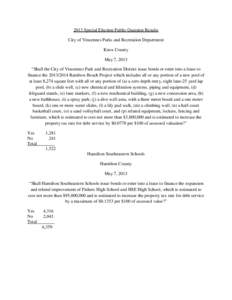 2013 Special Election Public Question Results City of Vincennes Parks and Recreation Department Knox County May 7, 2013 “Shall the City of Vincennes Park and Recreation District issue bonds or enter into a lease to fin