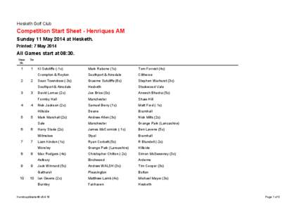 Hesketh Golf Club  Competition Start Sheet - Henriques AM Sunday 11 May 2014 at Hesketh. Printed: 7 May 2014