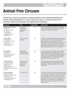 factsheet Animal-Free Circuses Animal-free circuses are growing in popularity. Whether you’re looking for dazzling and humane family entertainment, a circus to perform at a fair, or a circus to sponsor for a fundraiser